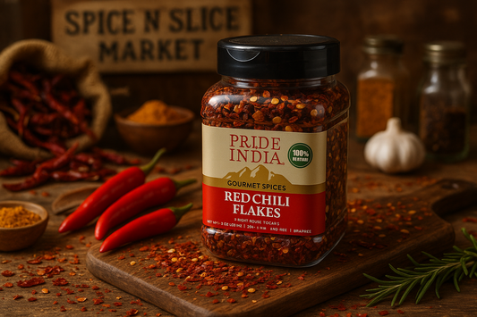 Gourmet Red Chili Flakes 8oz in market setting