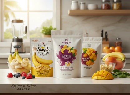 Freeze-dried bananas, smoothie box, and tropical smoothie blend packages with fresh fruits on kitchen counter