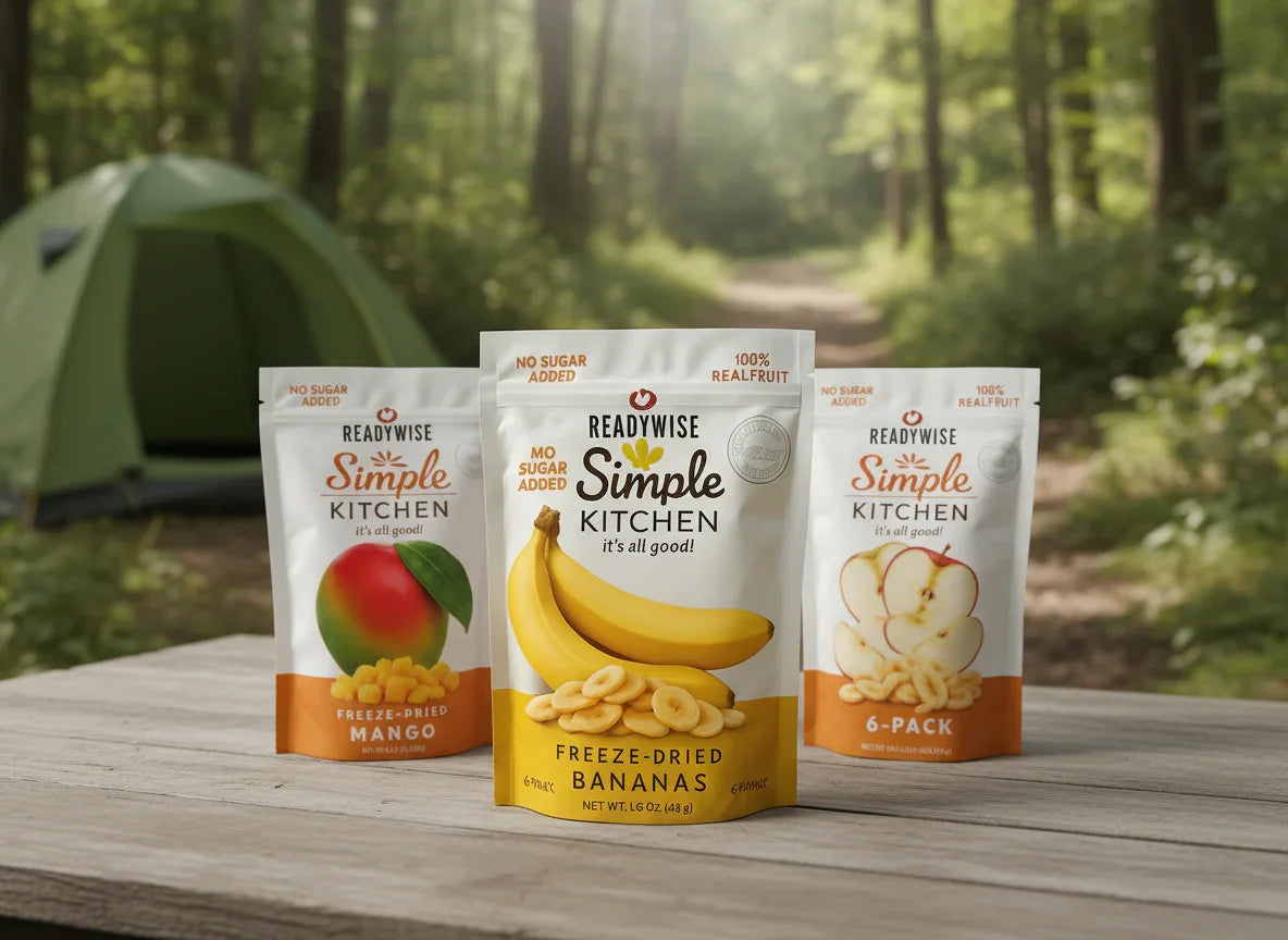Readywise Simple Kitchen freeze-dried mango, bananas, and apple snacks on wooden table with green camping tent in forest