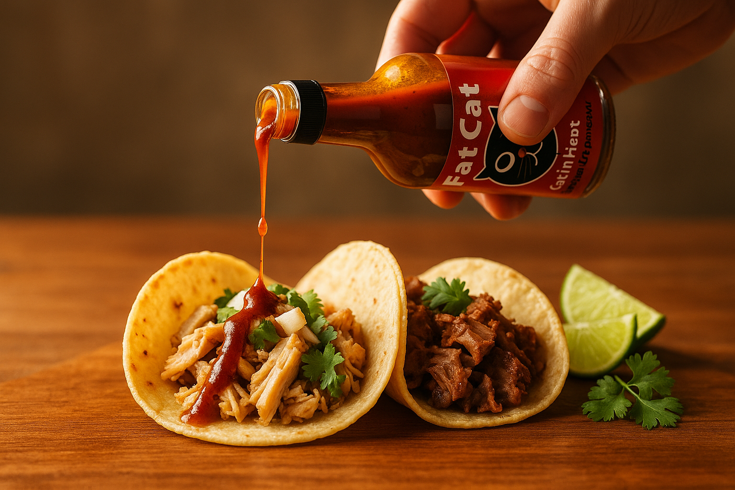 Hand drizzling Cat in Heat sauce onto tacos, bottle label visible