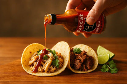 Hand drizzling Fat Cat Cat in Heat sauce onto tacos with visible bottle label