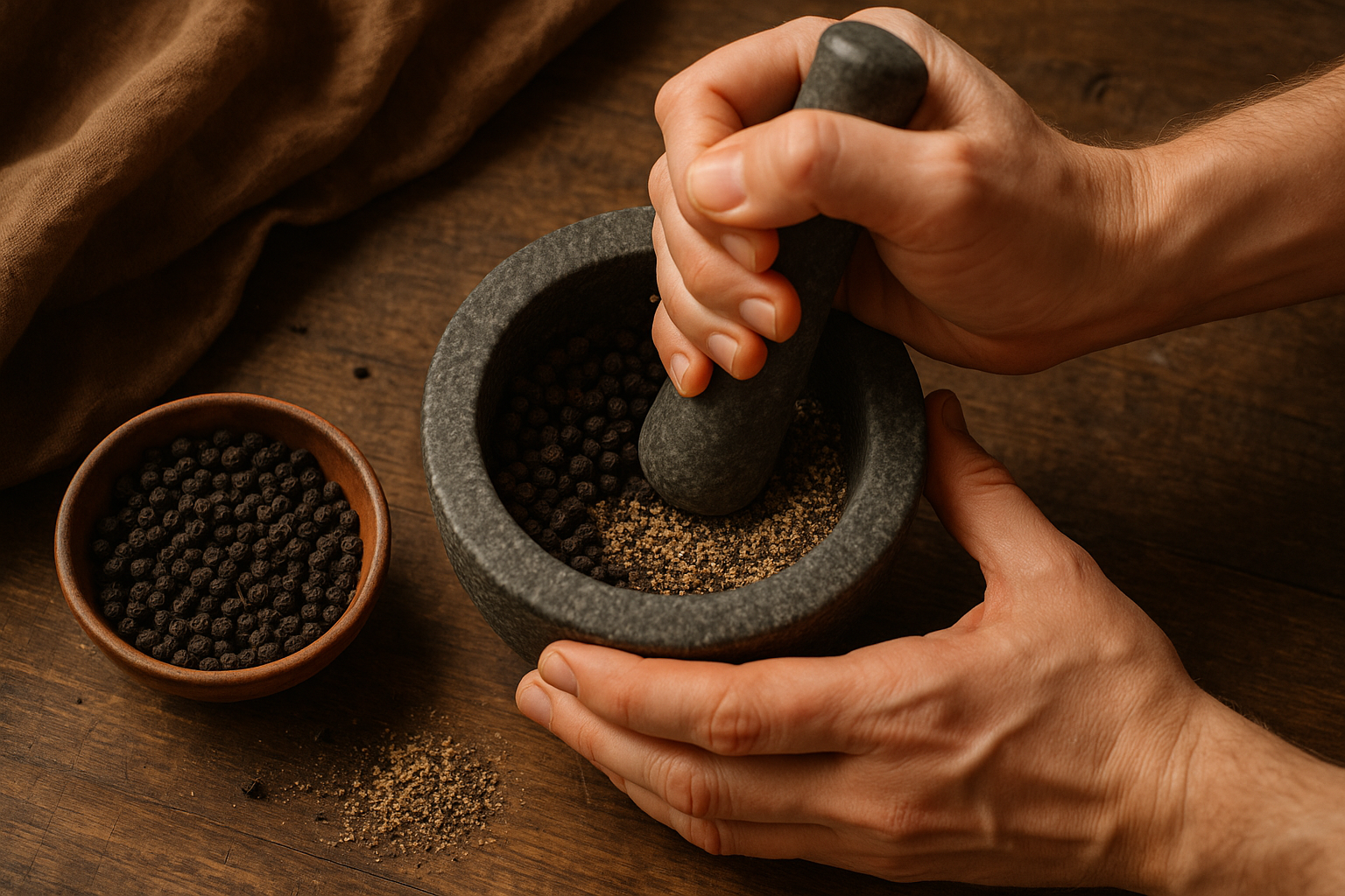 Hand grinding in mortar and pestle