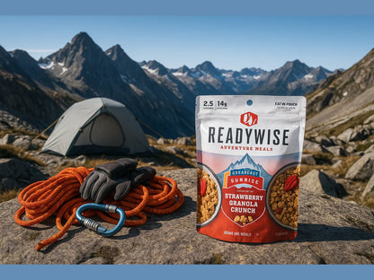 ReadyWise strawberry granola adventure meal on rocky alpine campsite with tent and climbing gear