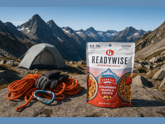 ReadyWise strawberry granola adventure meal on rocky alpine campsite with tent and climbing gear