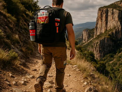 Hiker with backpack on rocky mountain trail with cliffs and valley view