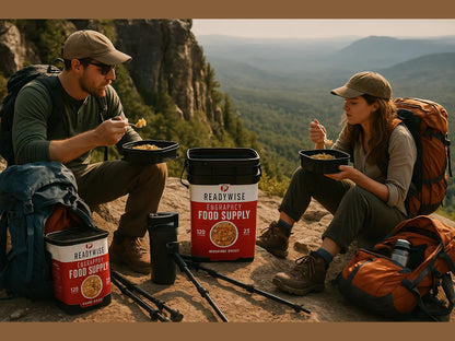 Two hikers eating emergency food supply on a scenic mountain trail rest break