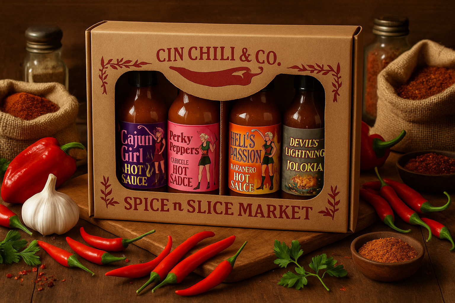 Hot Sauce Gift Box 4 Pack Hot in market setting