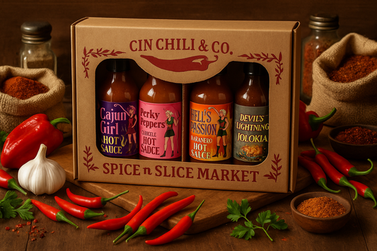 Hot Sauce Gift Box 4 Pack Hot in market setting