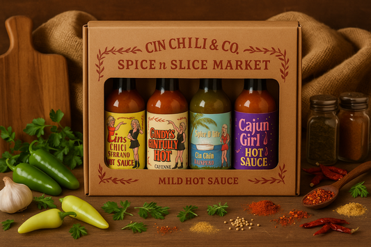 Hot Sauce Gift Box 4 Pack Mild in market setting