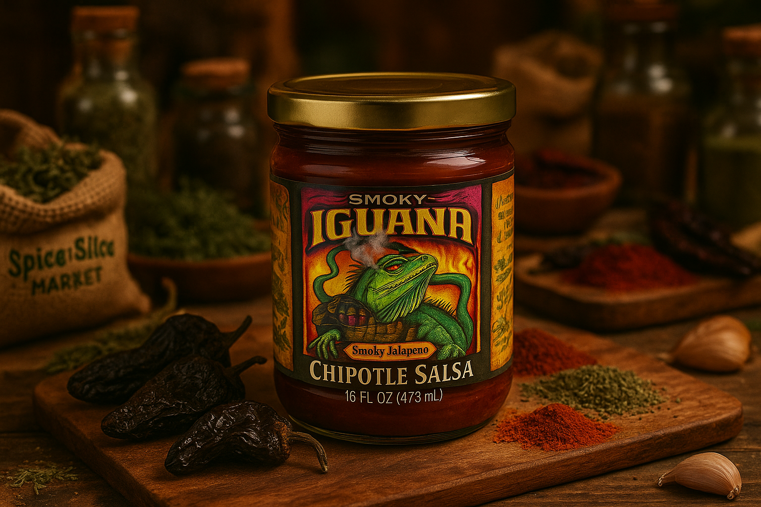 Iguana Smoky Chipotle Pepper Sauce in market setting