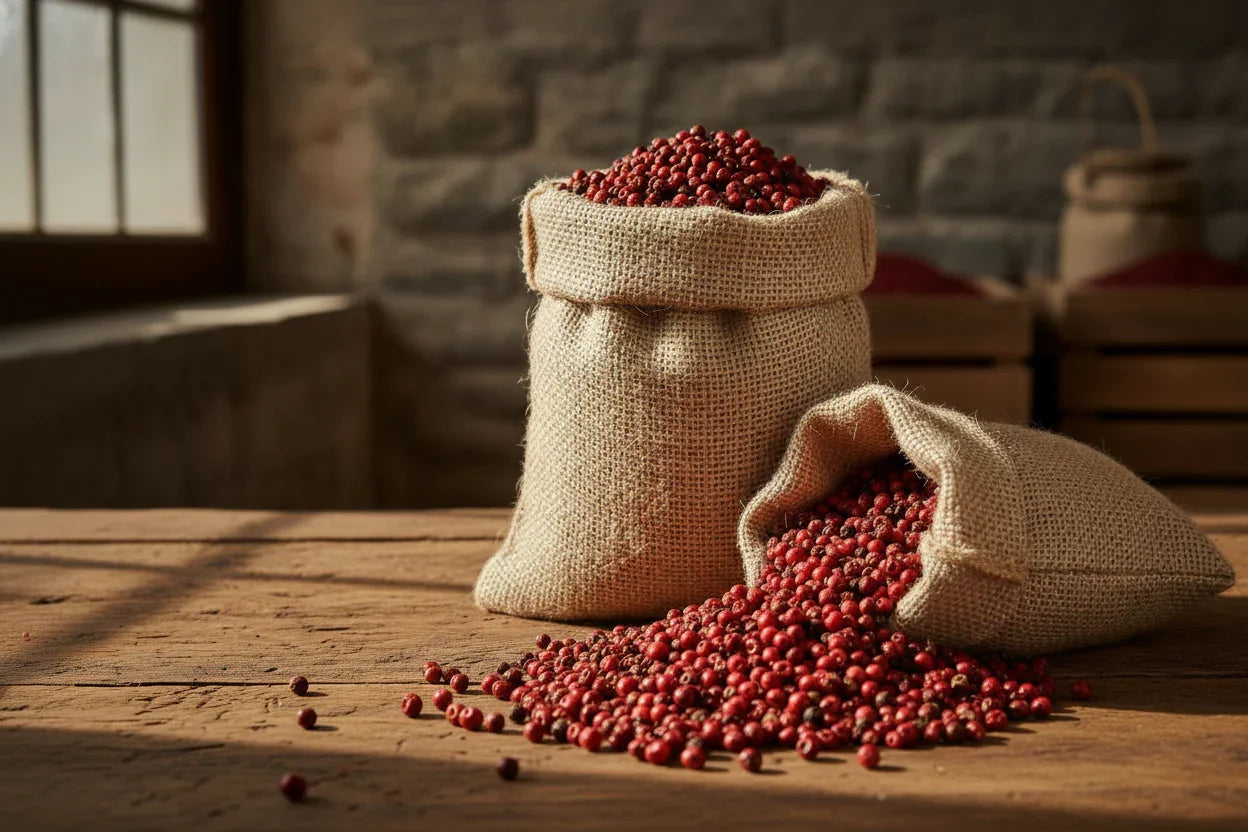 Sacks of red peppercorns on a wooden table in a rustic stone-walled room