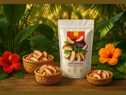 Freeze dried apple slices in baskets and packaging, with hibiscus flowers and green leaves