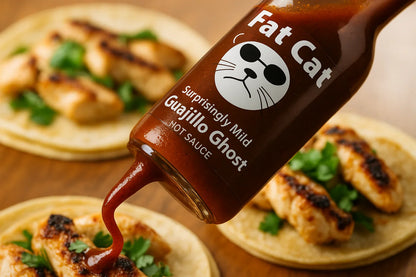 Fat Cat Guajillo Ghost hot sauce poured on grilled chicken tacos with cilantro