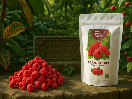 Freeze-dried organic raspberries in a white pouch beside fresh raspberries at a garden market