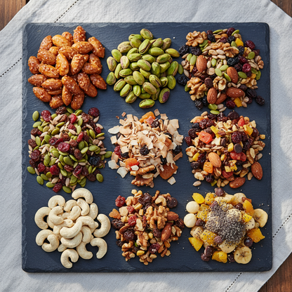 Six varieties of premium nuts on slate board