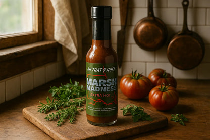 Marsh Madness Extra Hot sauce bottle on rustic kitchen counter with herbs and tomatoes