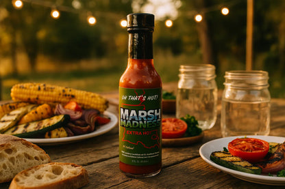 Marsh Madness extra hot sauce bottle on outdoor table with grilled vegetables, bread, and mason jars