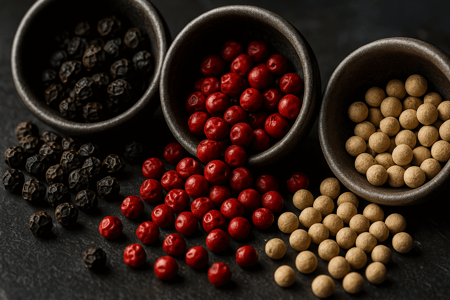 Kampot peppercorns—black, red, and white—macro on slate