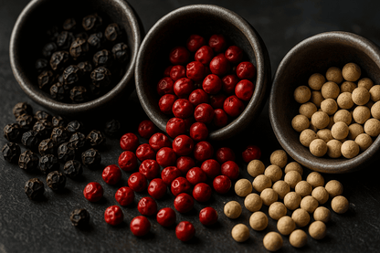 Kampot peppercorns—black, red, and white—macro on slate