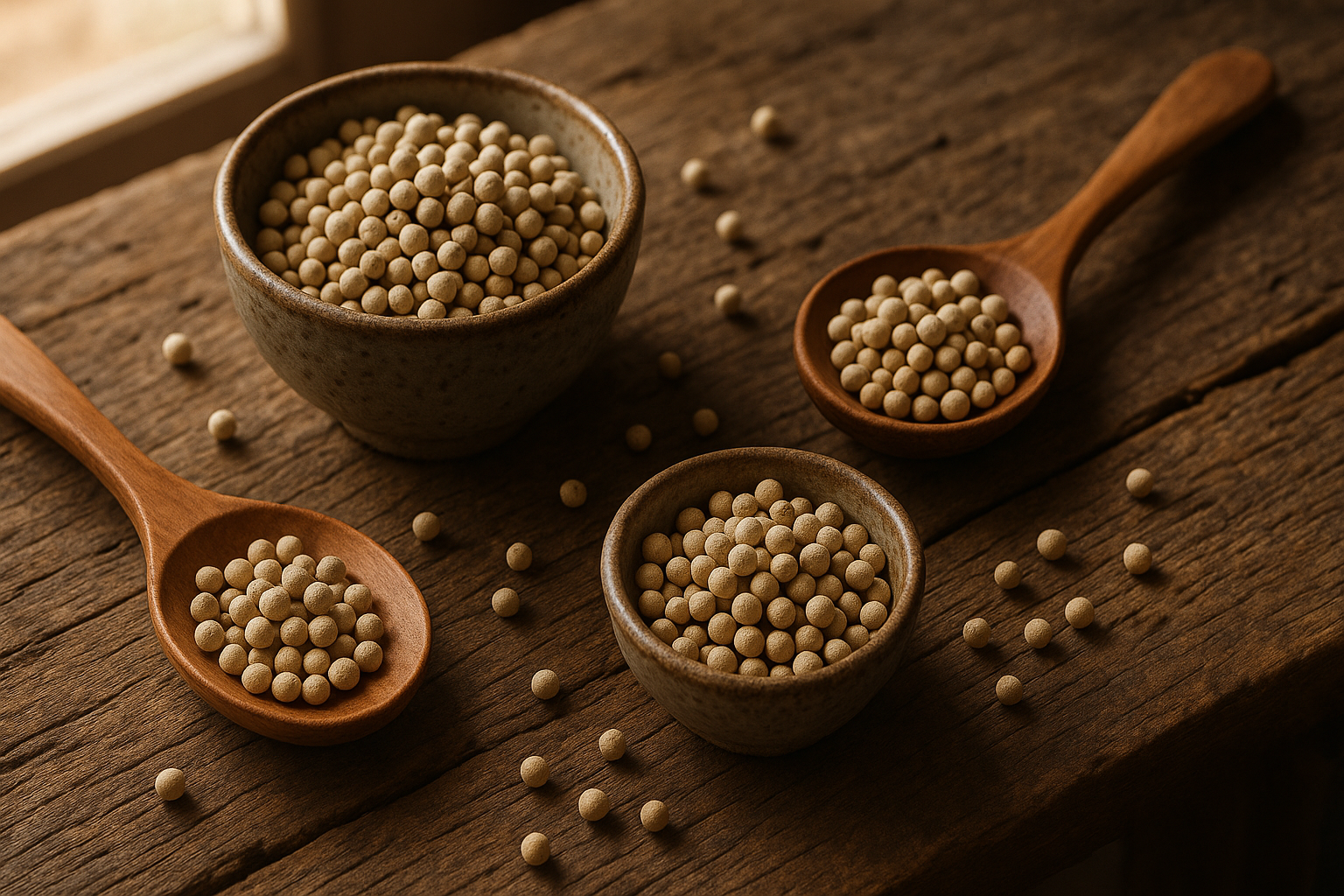White peppercorns in ceramic bowls