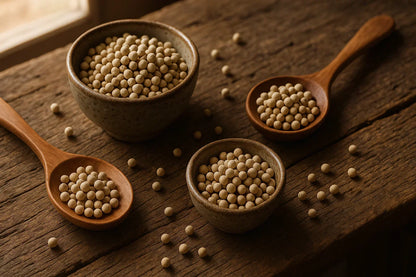 White peppercorns in ceramic bowls and wooden spoons on rustic wooden table