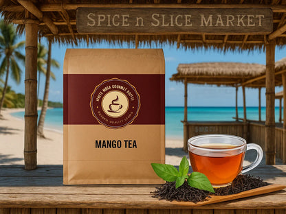Mango tea package and glass cup on beach market stand with ocean view