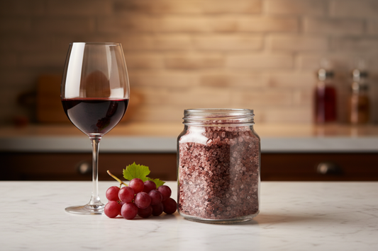 Red Wine Gourmet Salt in glass jar with wine glass and grapes
