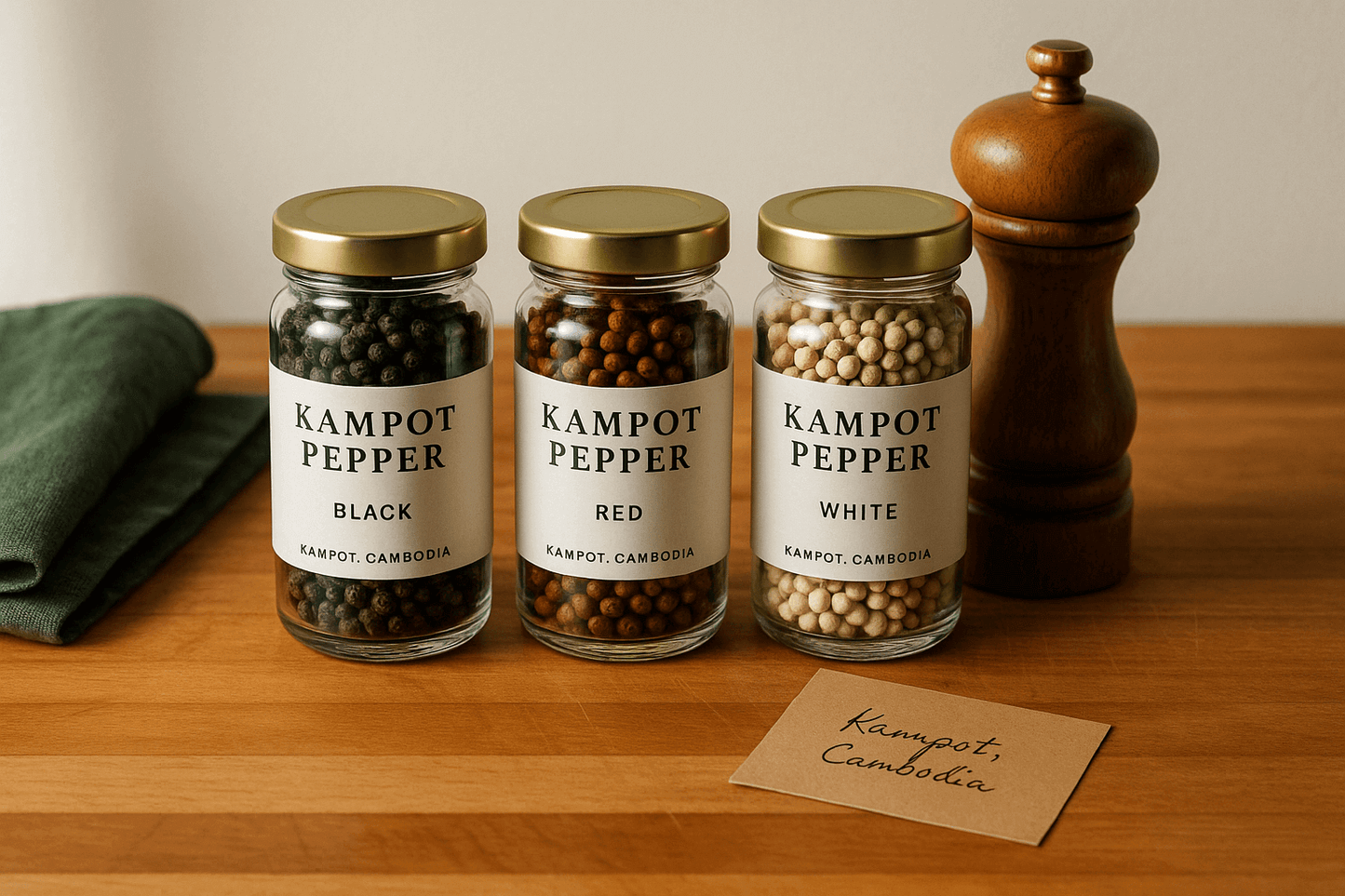 Kampot pepper trio with grinder on butcher block