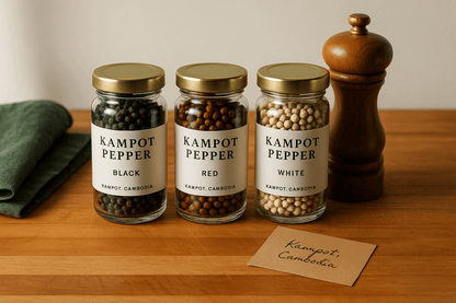 Kampot pepper trio with grinder on butcher block