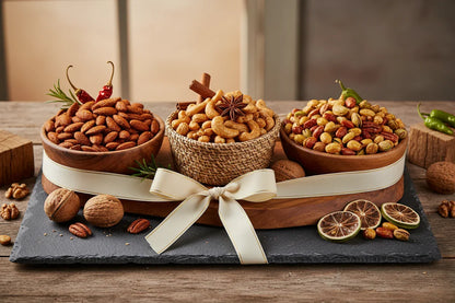 Assorted nuts in wooden and woven bowls on a wooden tray decorated with ribbon and spices