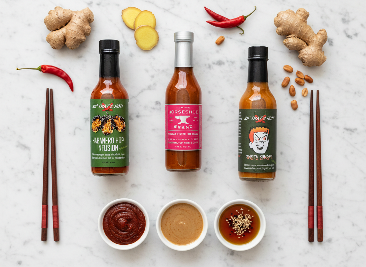 Overhead flat lay with chopsticks and condiments