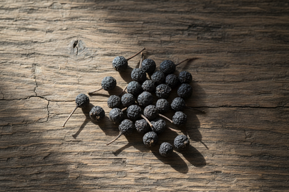 Overhead flat lay of cubeb pepper