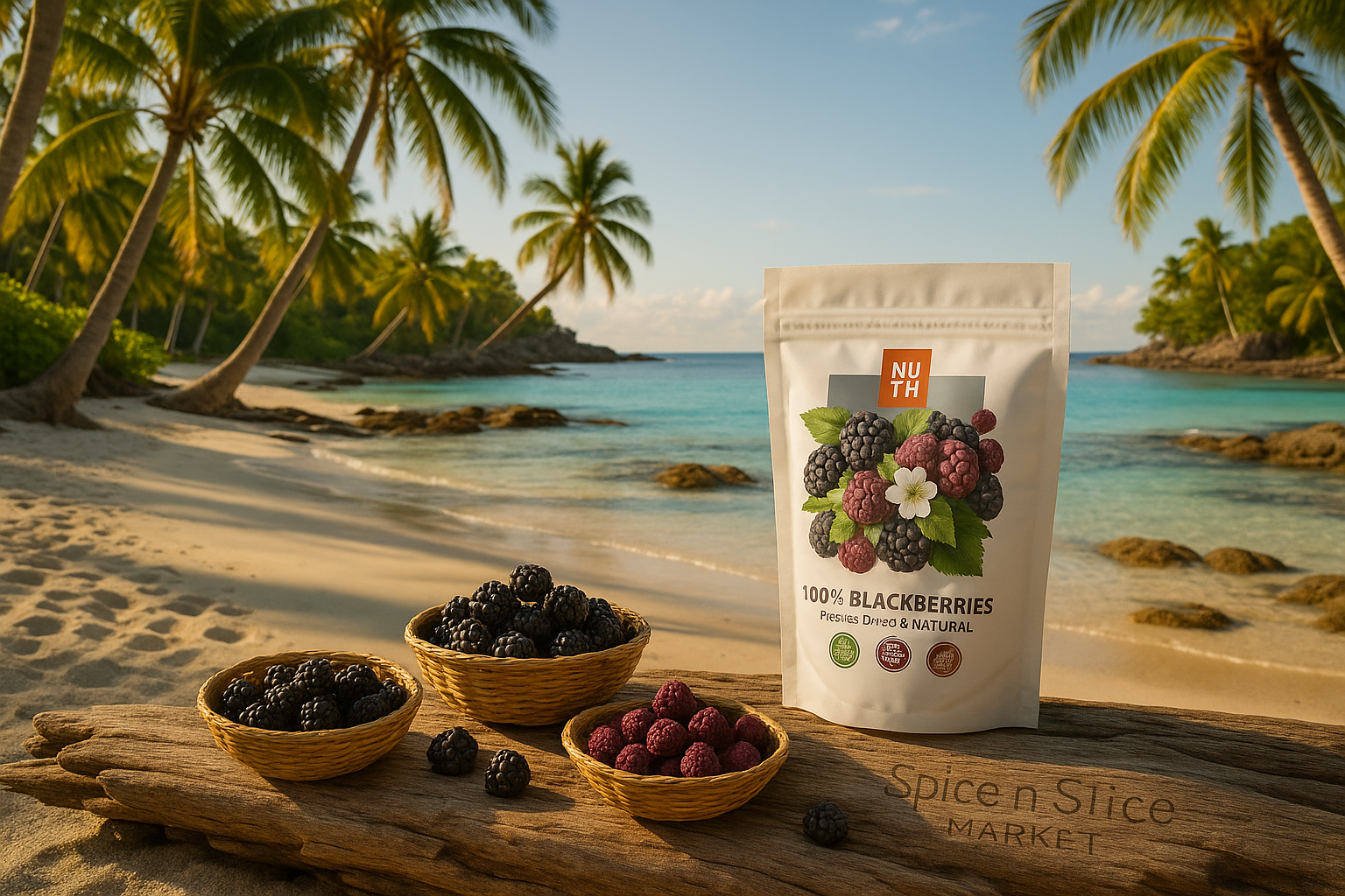 More Natural Tropical Beach Paradise with Original Product and Very Discreet Spice n Slice Market Branding