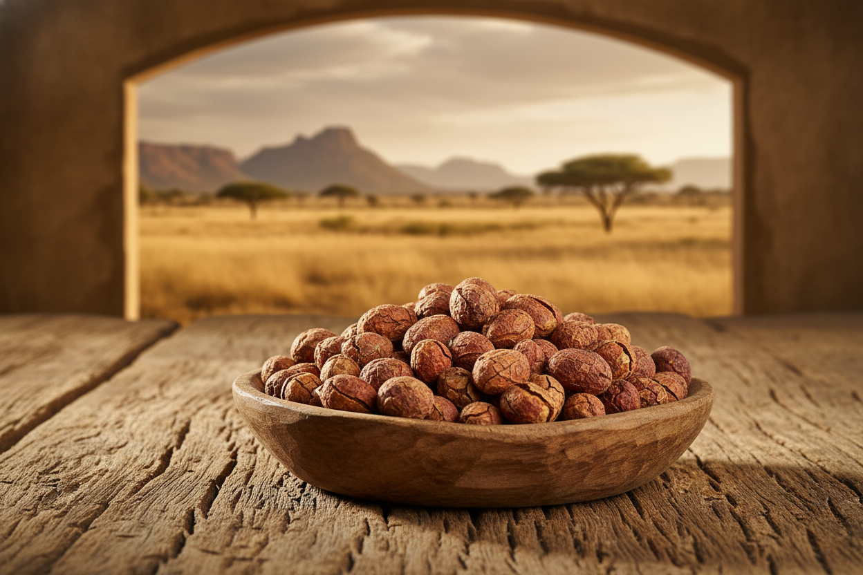 Melegueta pepper grains of paradise in wooden bowl