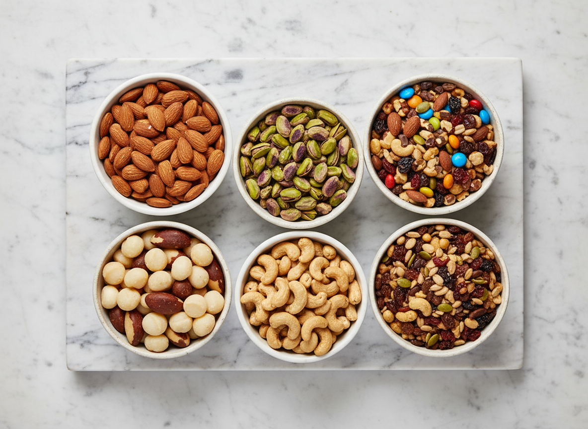 Overhead view of six nut varieties in bowls