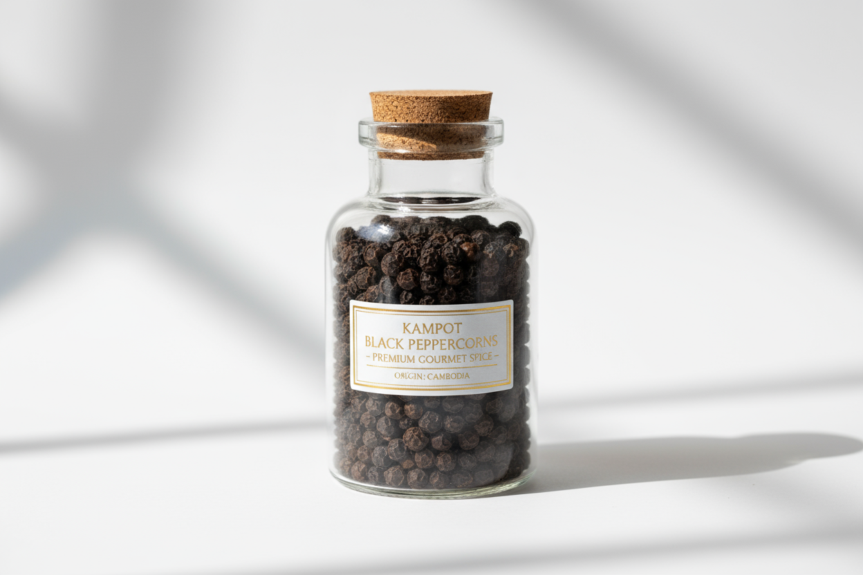 Premium Kampot Black Peppercorns in Glass Jar