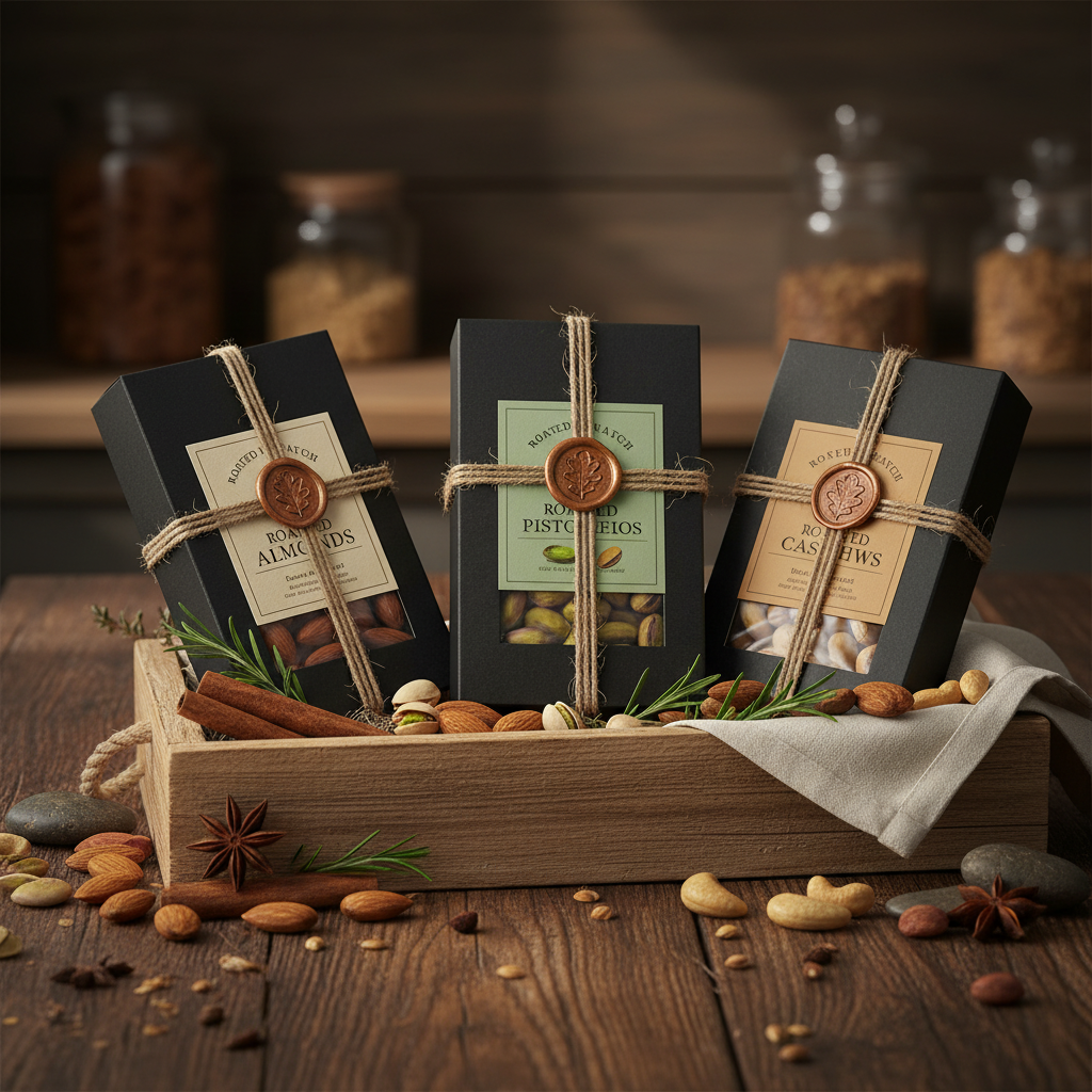 Gift presentation of savory nut trio
