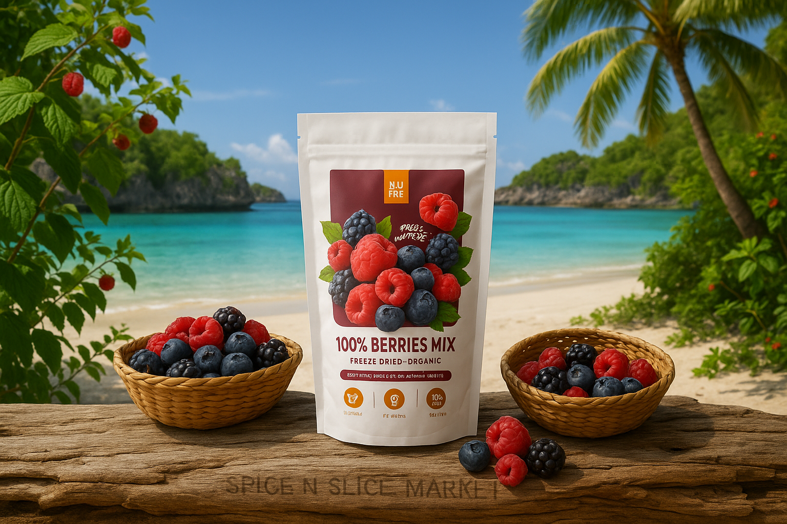 More Natural Tropical Beach Paradise with Original Product and Very Discreet Spice n Slice Market Branding