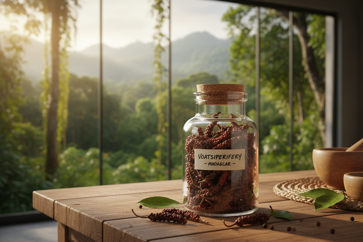 Voatsiperifery pepper in glass spice jar