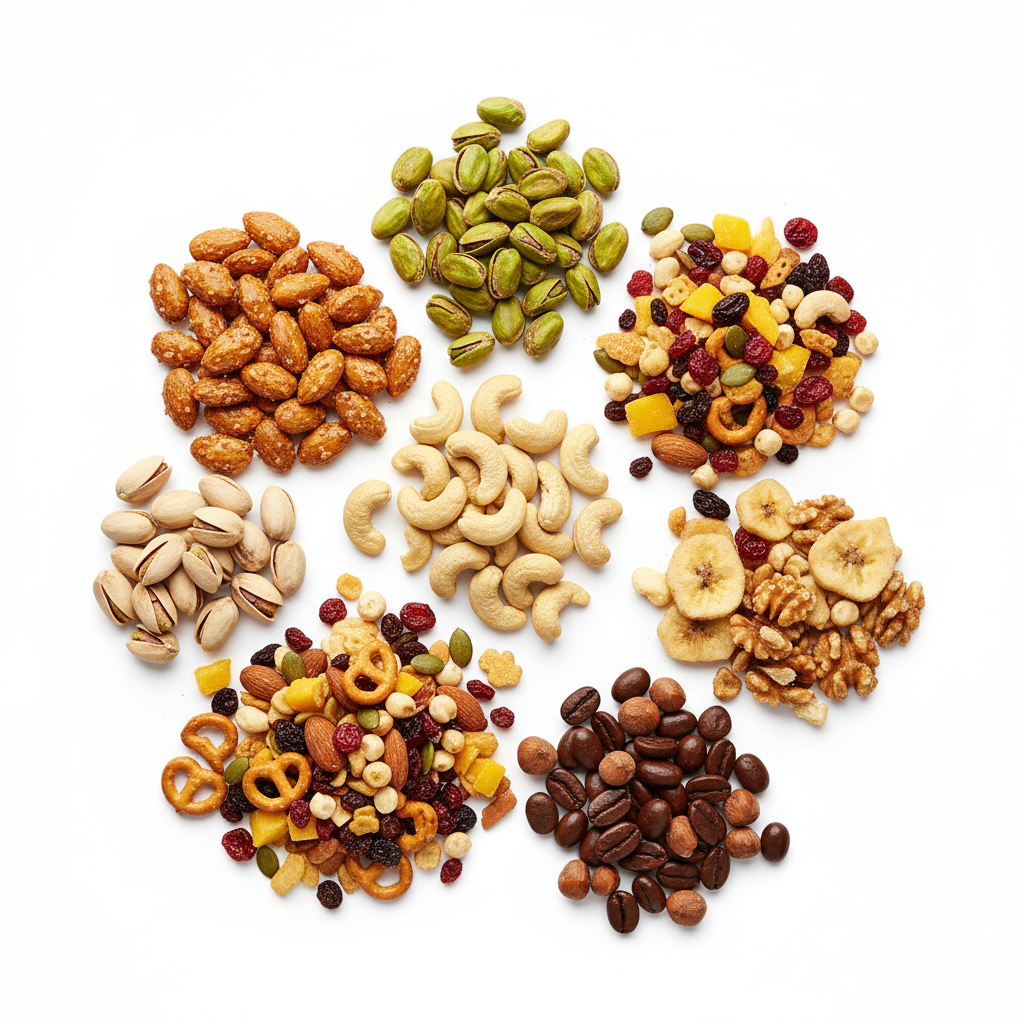 Artistic flat lay of six nut varieties