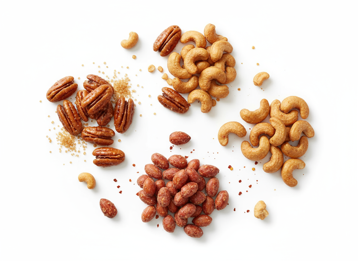 Artistic flat lay of four nut varieties