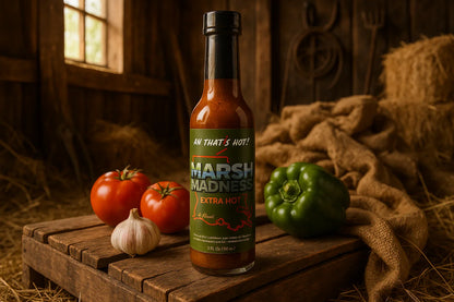Marsh Madness Extra Hot sauce bottle on rustic table with tomatoes, garlic, and green bell pepper