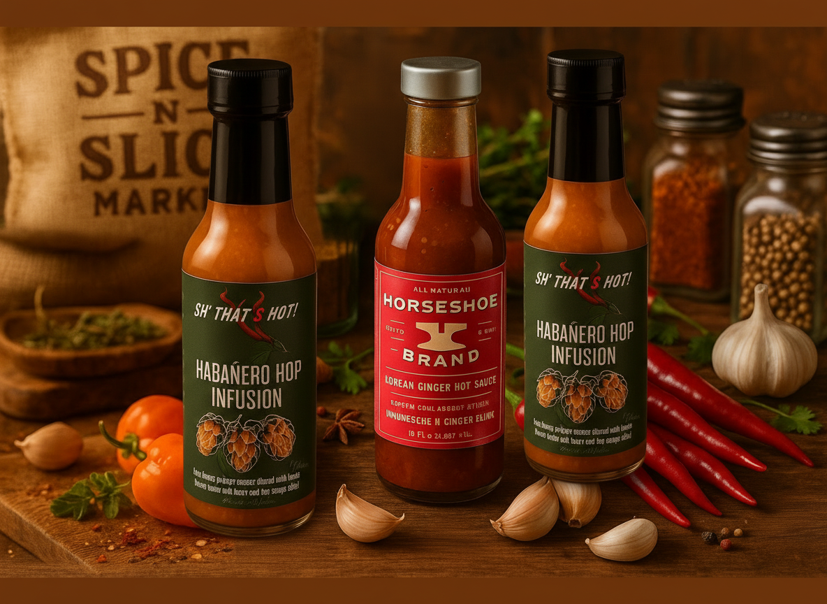 Close-up macro of three hot sauce bottles