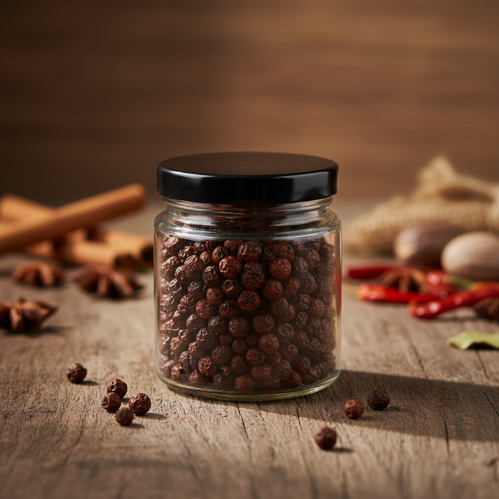 Andaliman pepper in glass jar on wooden surface - Indonesian tingling citrus pepper
