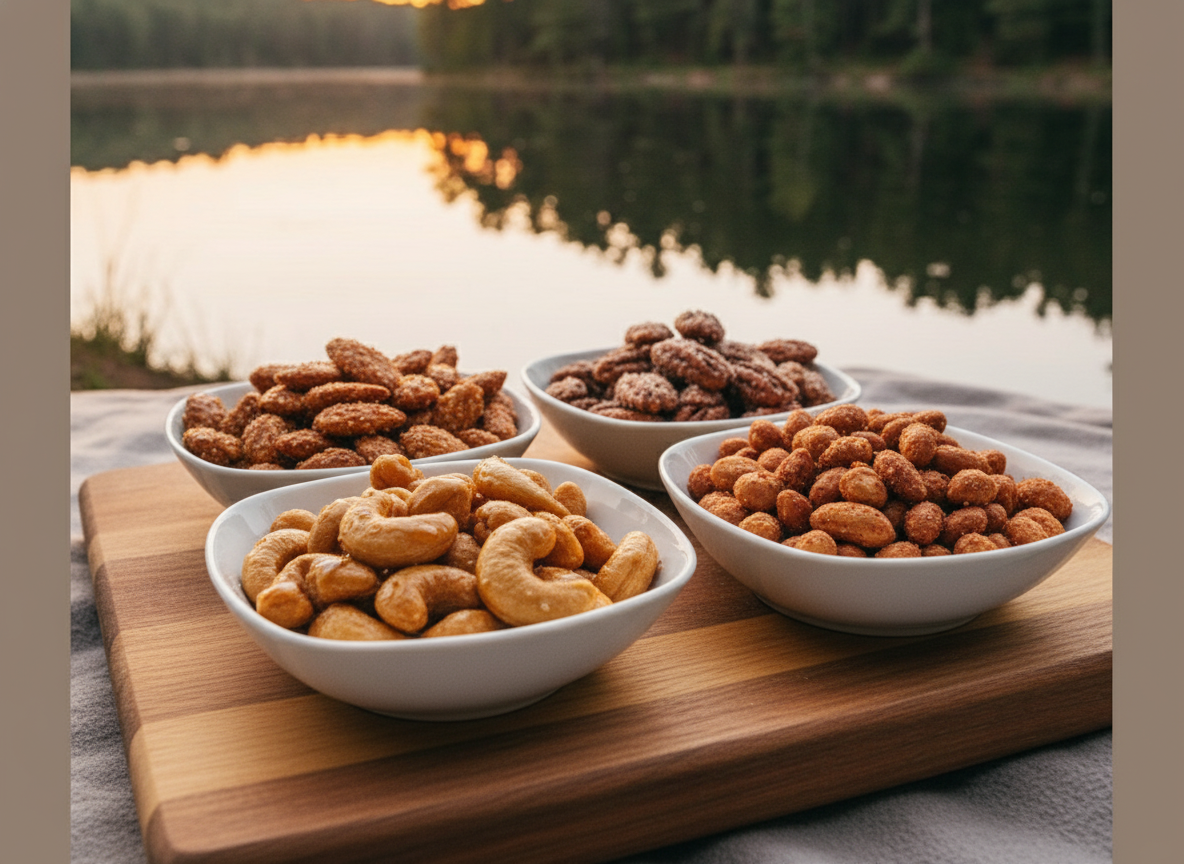 Sweet and spicy quartet in elegant bowls on wood