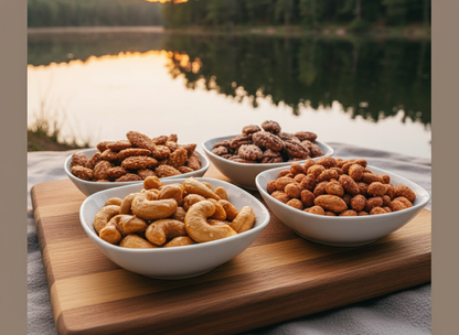 Sweet and spicy quartet in elegant bowls on wood