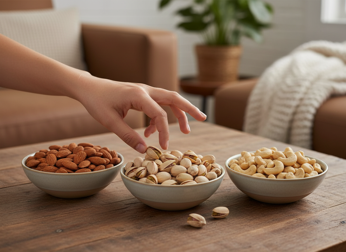 Hand reaching for nuts casual snacking scene