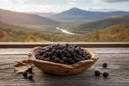 Tasmanian mountain pepper in rustic wooden bowl