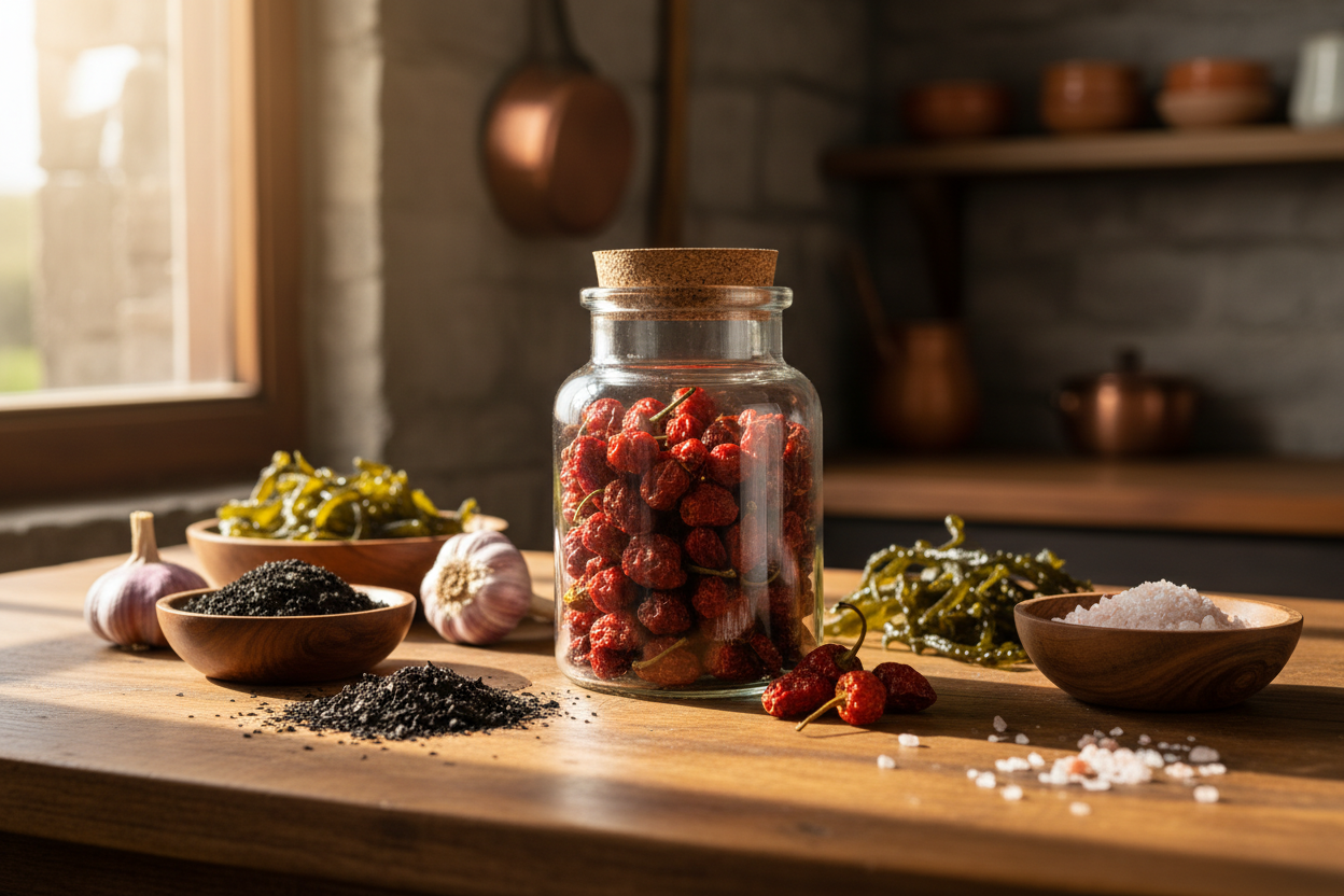 Chiloe pepper in glass spice jar