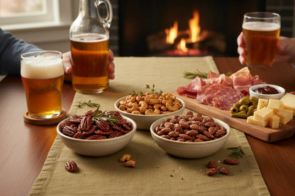 Bowls of pecans, cashews, and almonds with charcuterie board, cheese, and beer by a cozy fireplace